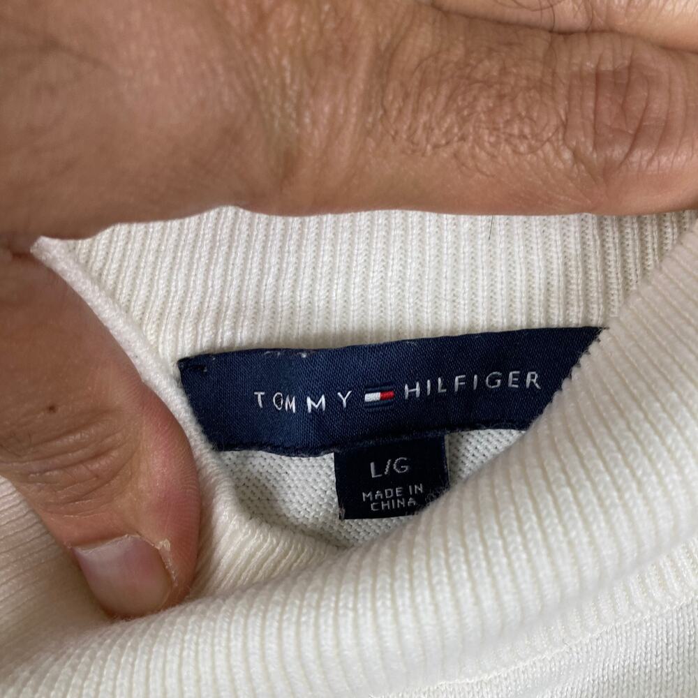 Tommy Hilfiger Sweater Mens L Cream Mock Neck Stripe‎ Logo Pullover - Picture 5 of 8